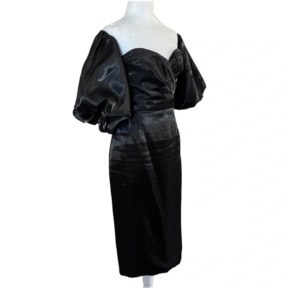 Beulah Style Black Off Shoulder Satin Midi Dress Puff Sleeves - Picture 5 of 16